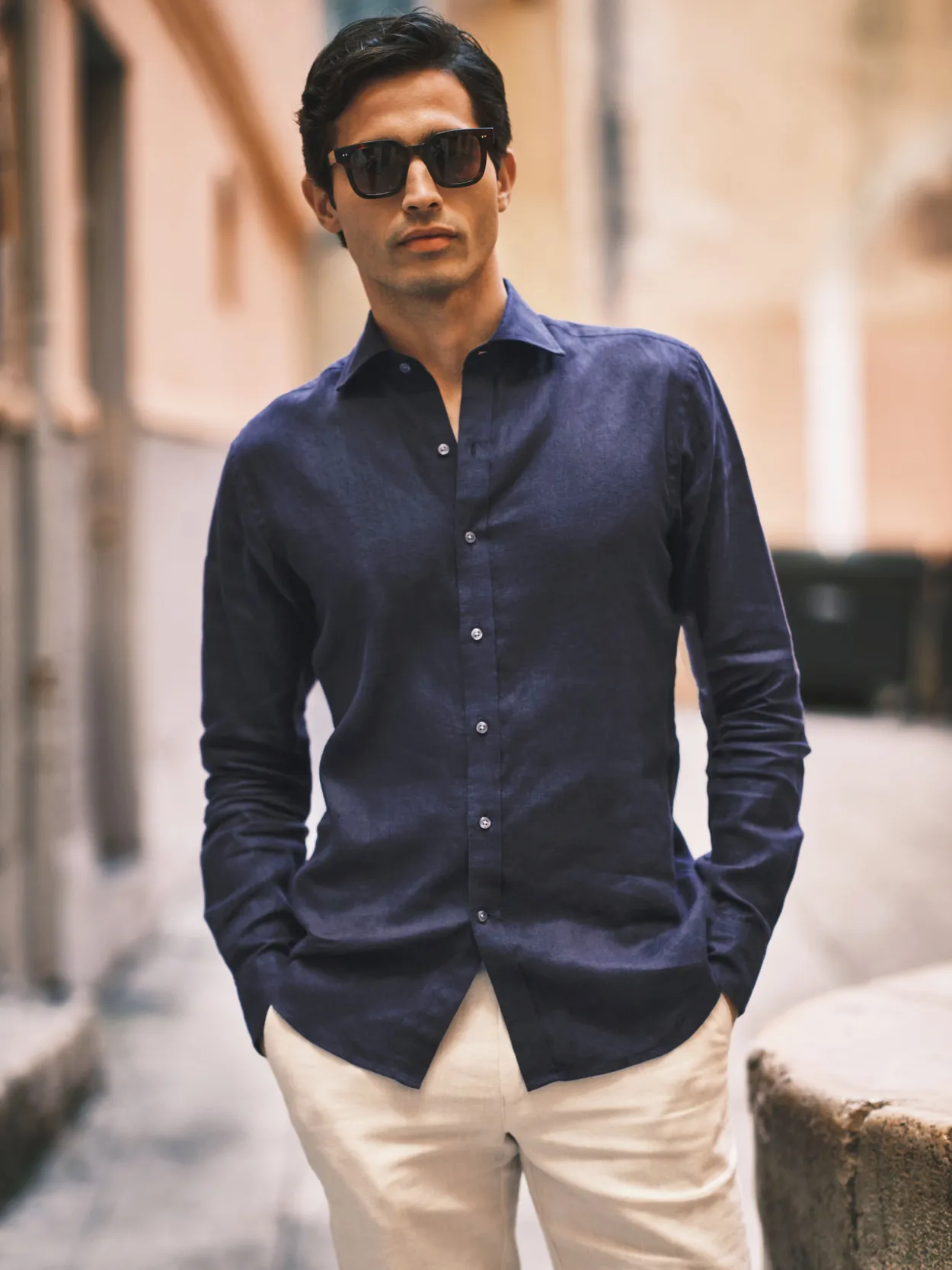 Navy Blue Solid Smart Slim Fit Shirt Linen