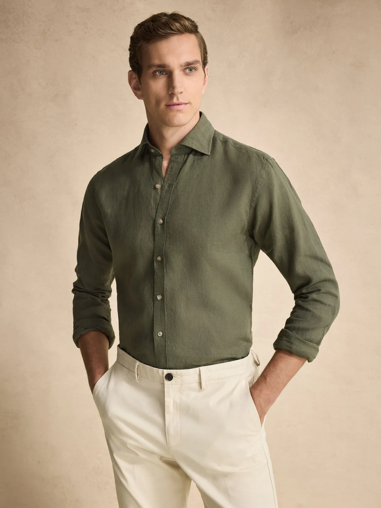 Green Solid Smart Slim Fit Shirt Linen