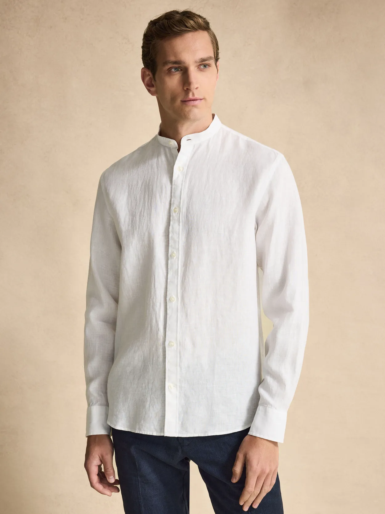 White Solid Band Collar Casual Fit Shirt Linen