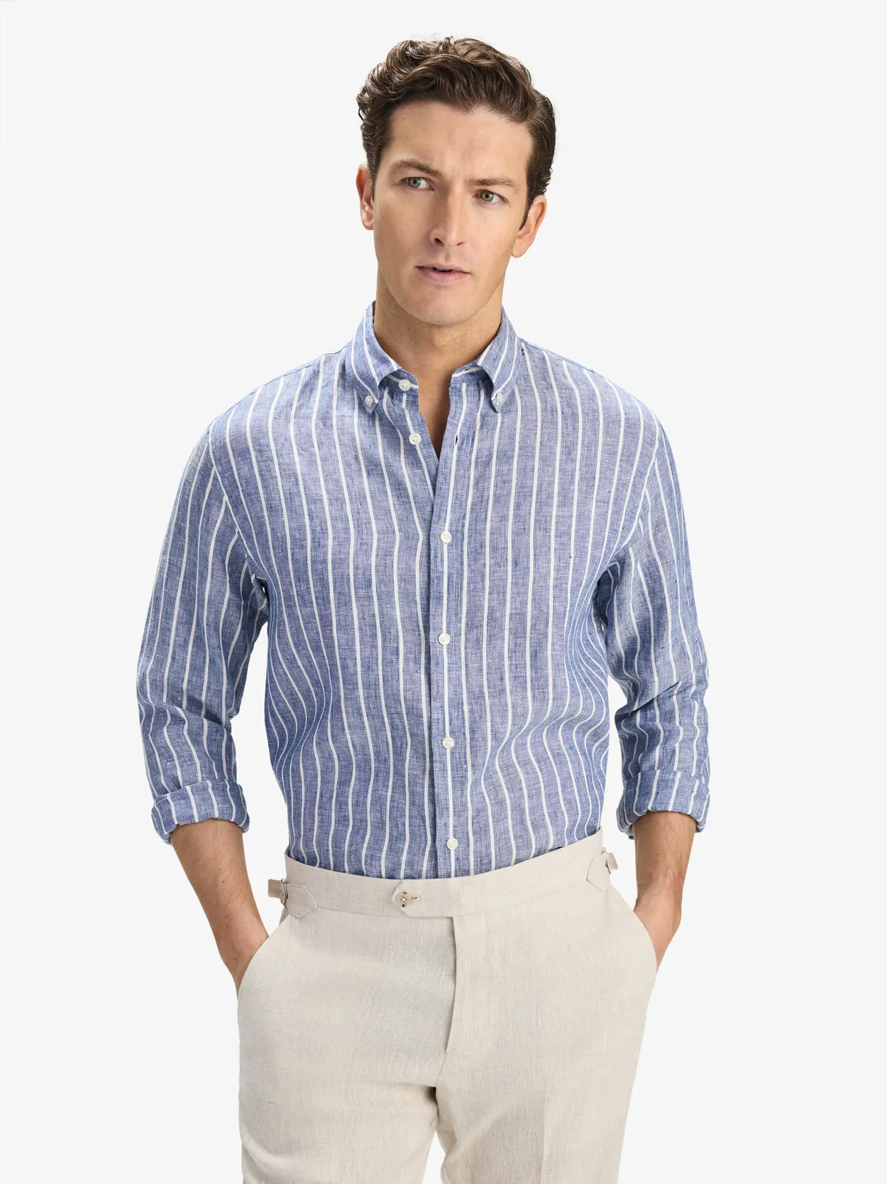 Blue Striped Button Down Casual Fit Shirt Linen