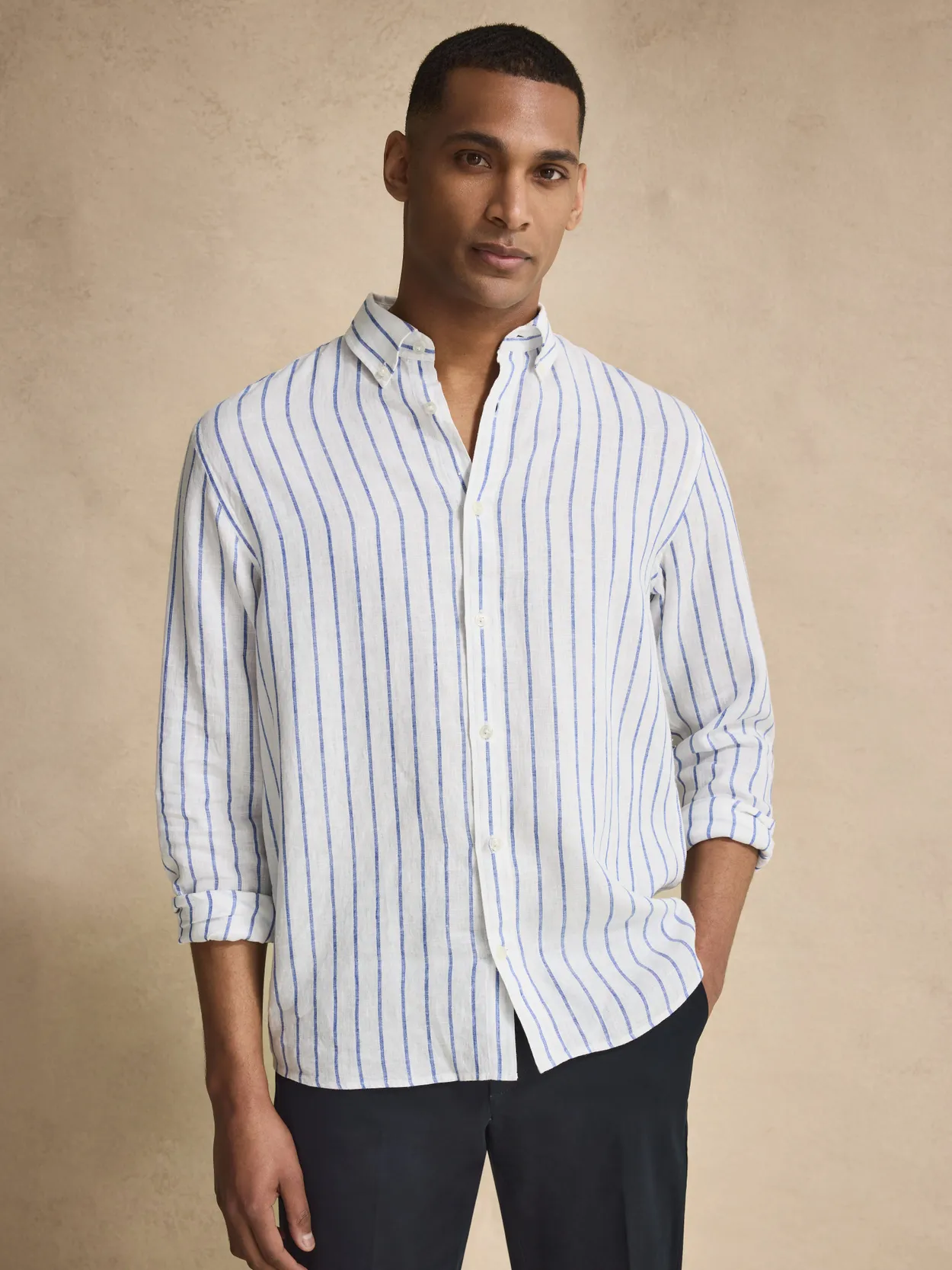 White Striped Button Down Casual Fit Shirt Linen