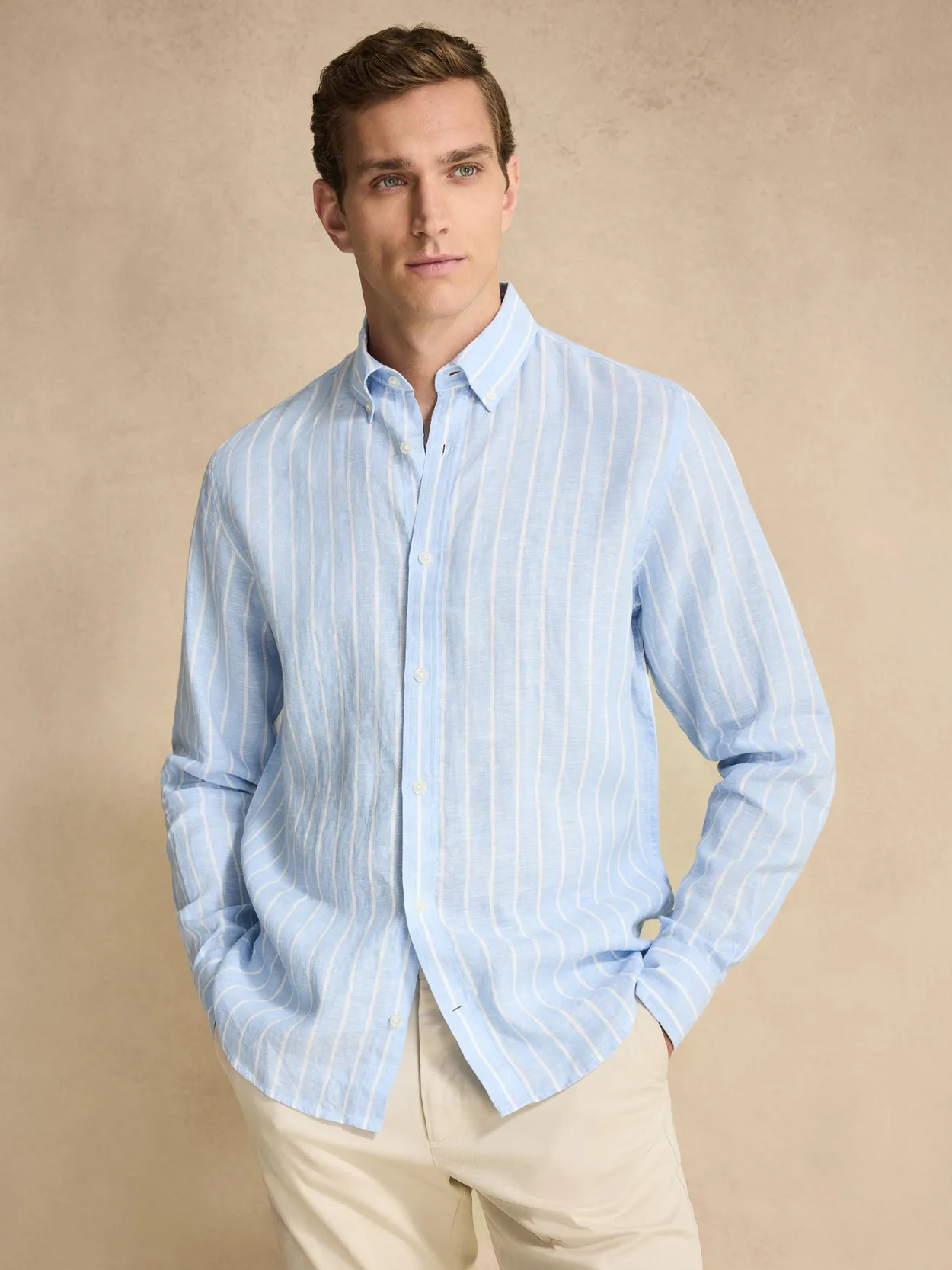 Light Blue Striped Button Down Casual Fit Shirt Linen