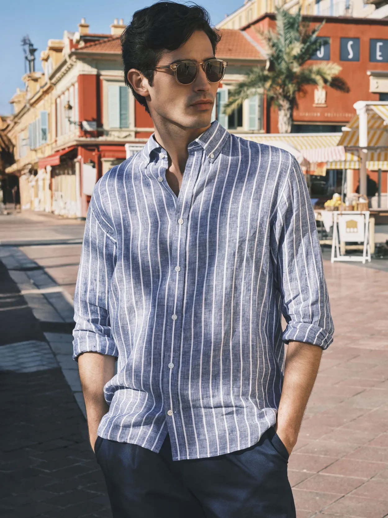 Blue Striped Button Down Casual Fit Shirt Linen