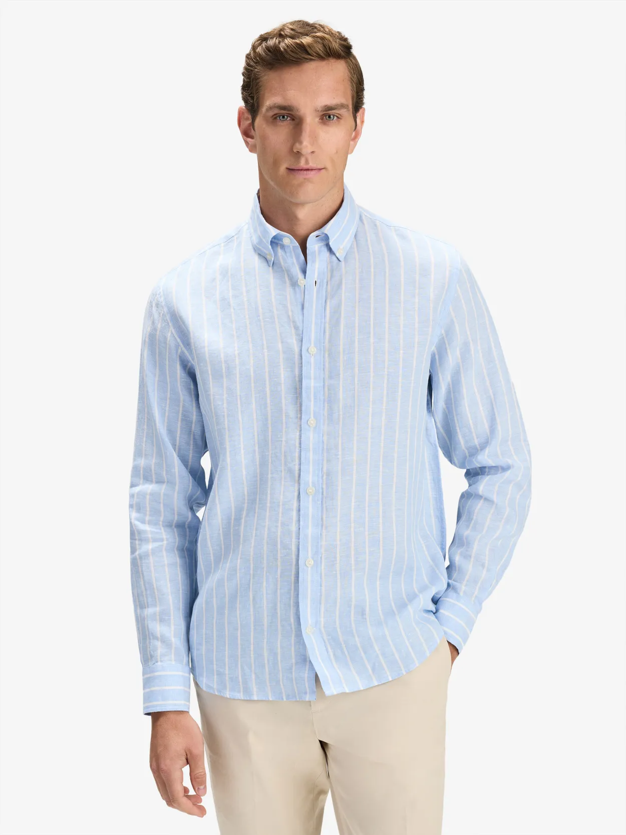 Light Blue Striped Button Down Casual Fit Shirt Linen