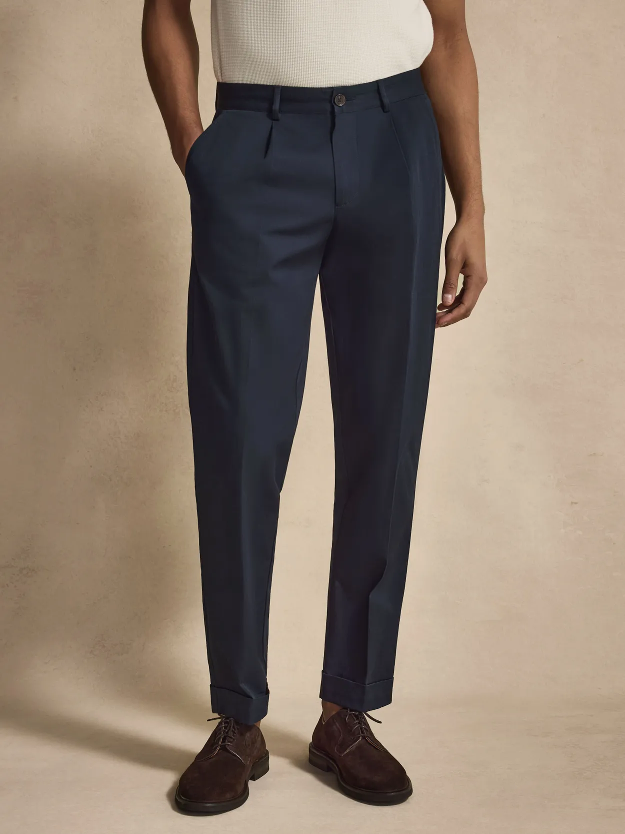 Navy Blue Relaxed Fit Cotton Solid Pleated Trousers