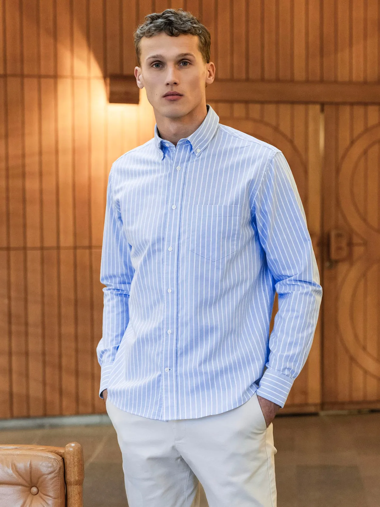 Blue & White Cotton Striped Casual Fit Oxford Shirt