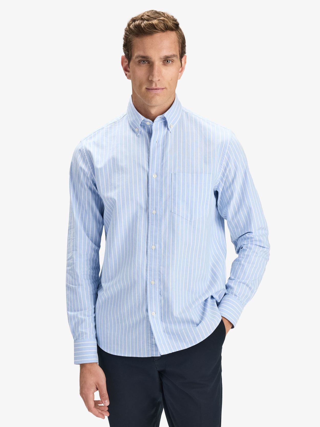 Blue & White Cotton Striped Relaxed Fit Oxford Shirt