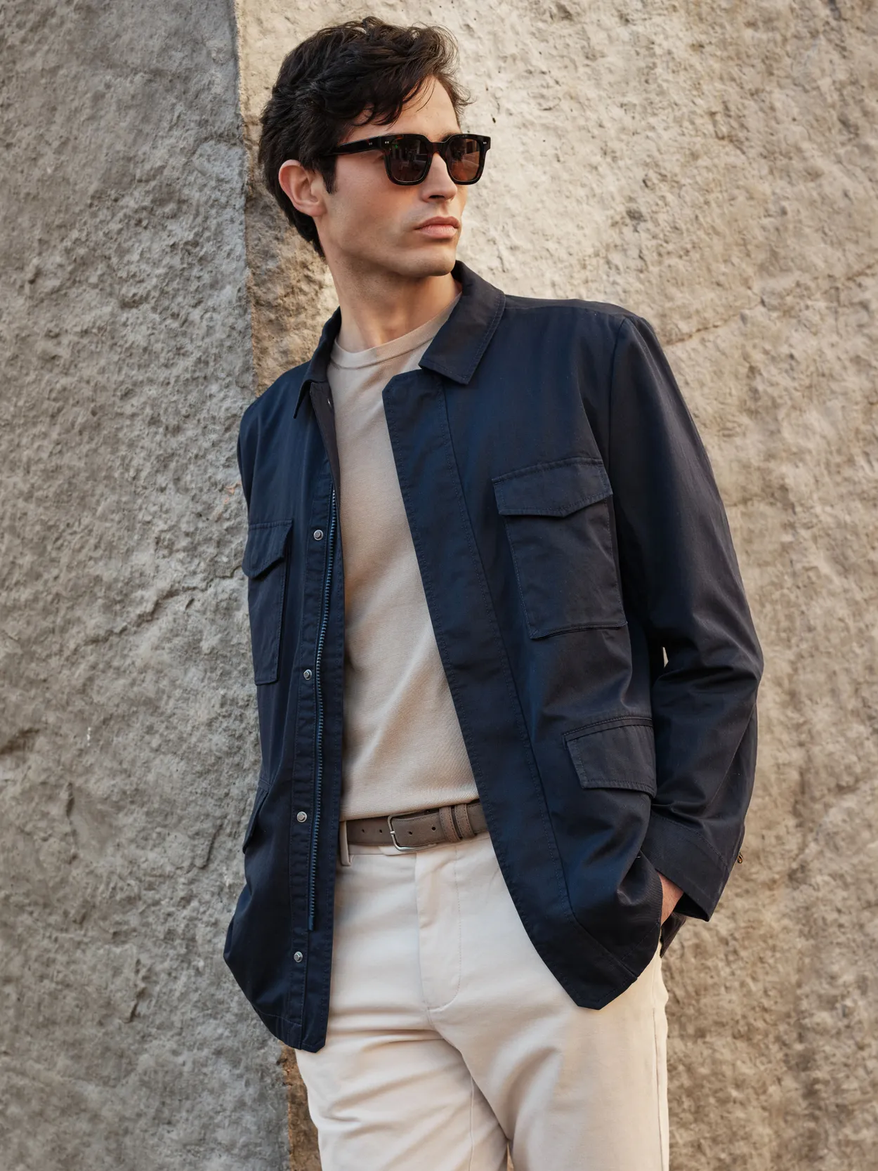 Navy Blue Cotton Solid Field Jacket