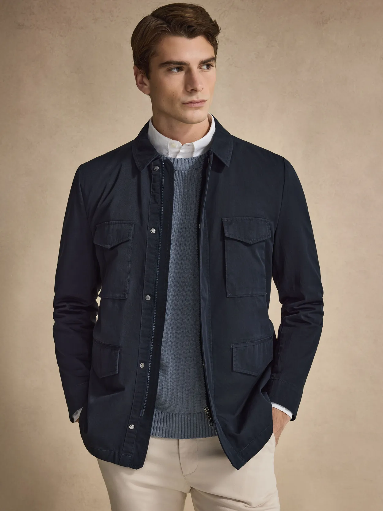 Navy Blue Cotton Solid Field Jacket