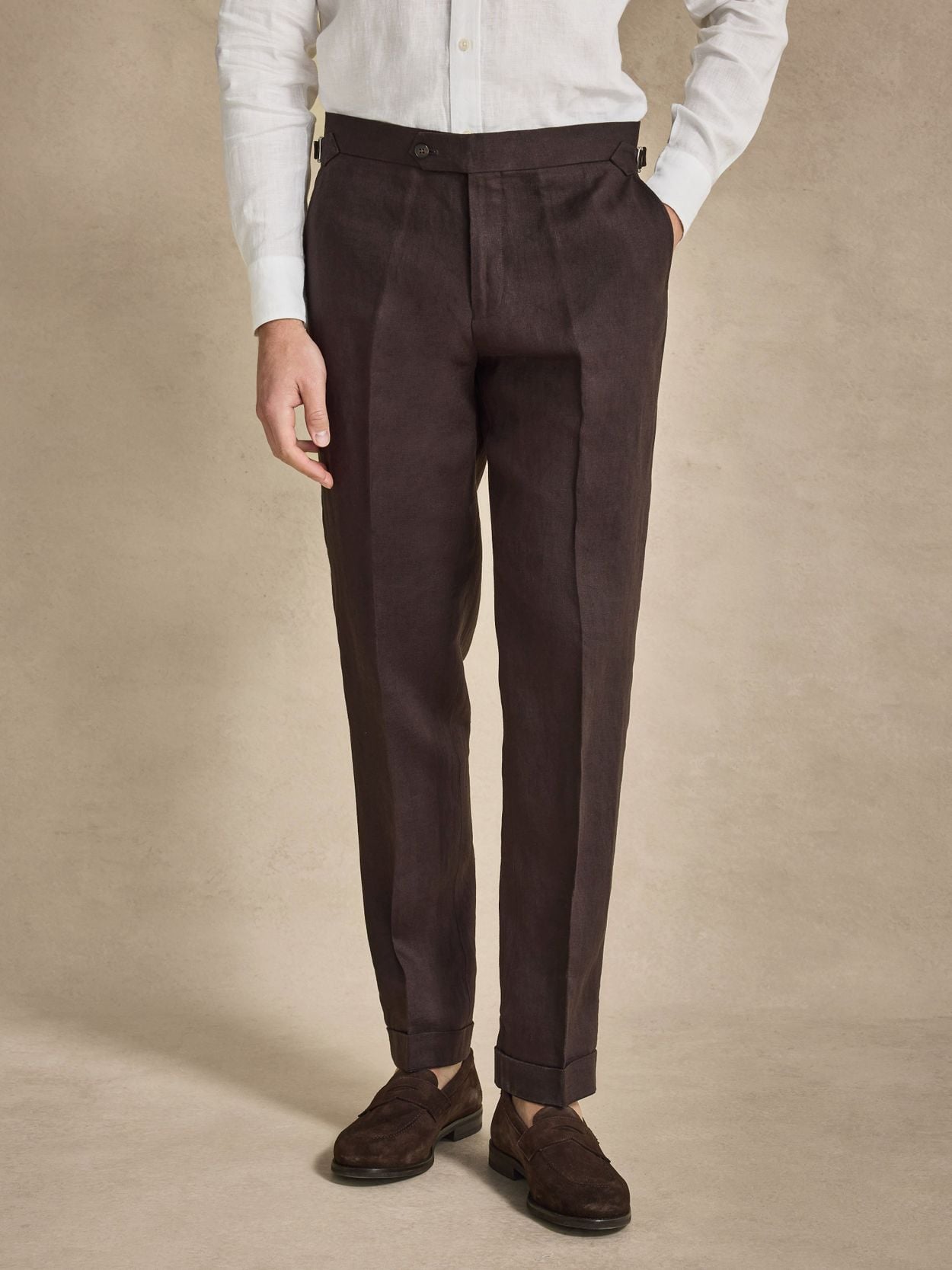 Dark Brown Linen Trousers - Linen Tailored Fit - Buy online | John  display picture 1