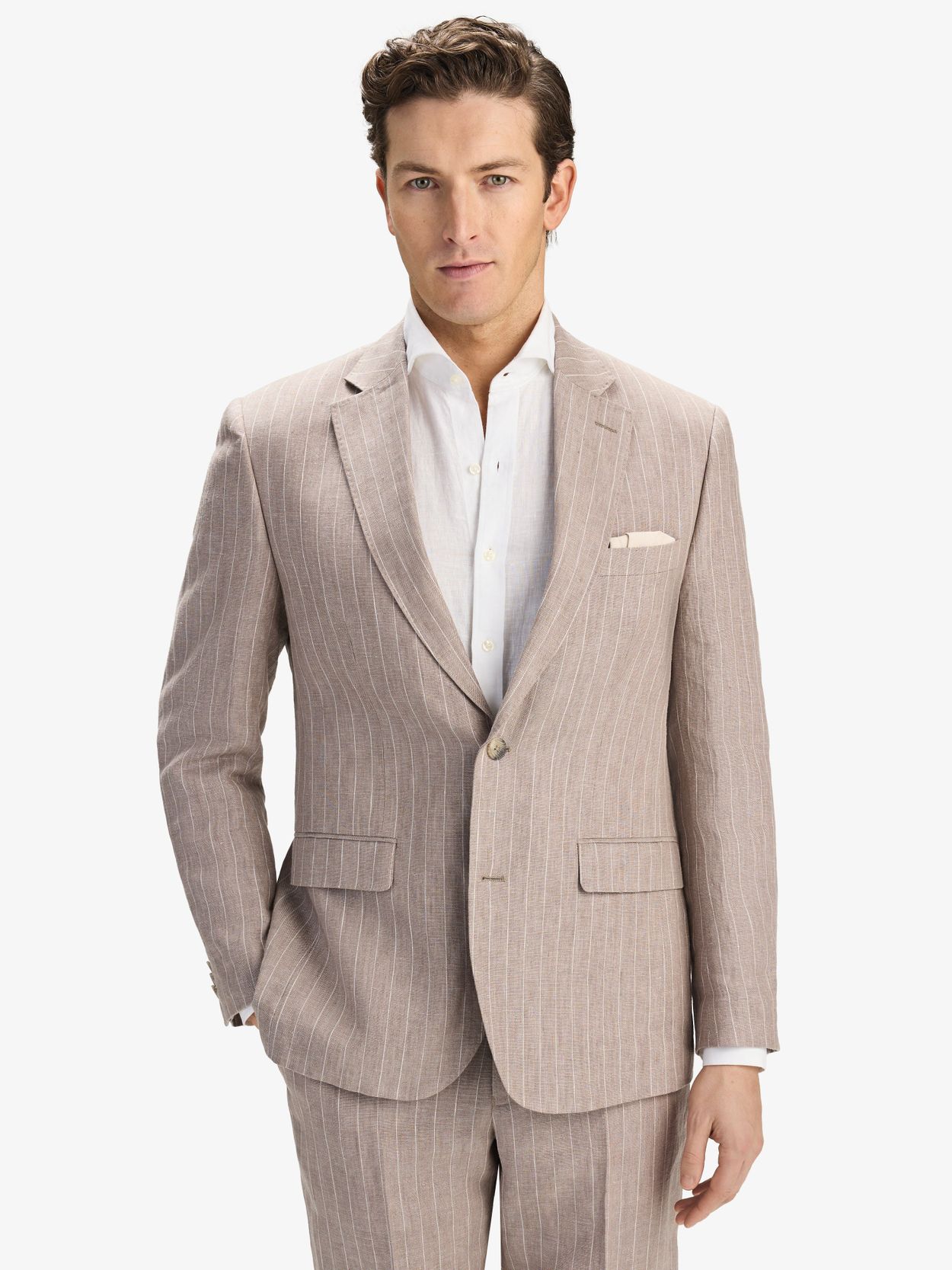 Taupe Pinstriped Single Breasted Blazer Linen