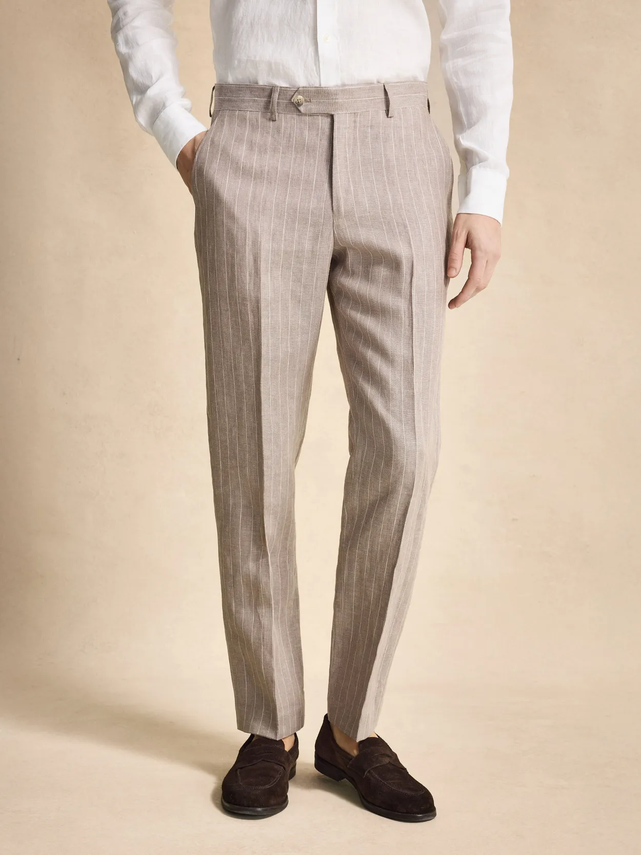 Taupe Pinstriped Suit Pants Linen