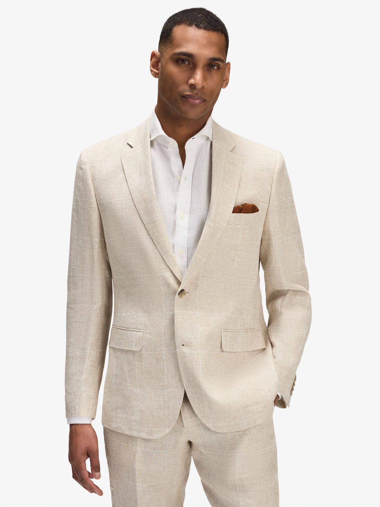 Beige Checked Single Breasted Blazer Linen