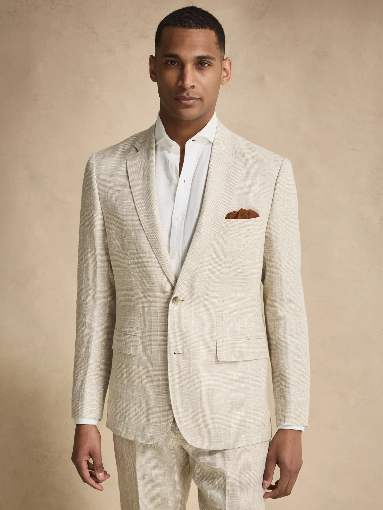 Beige Checked Blazer Linen