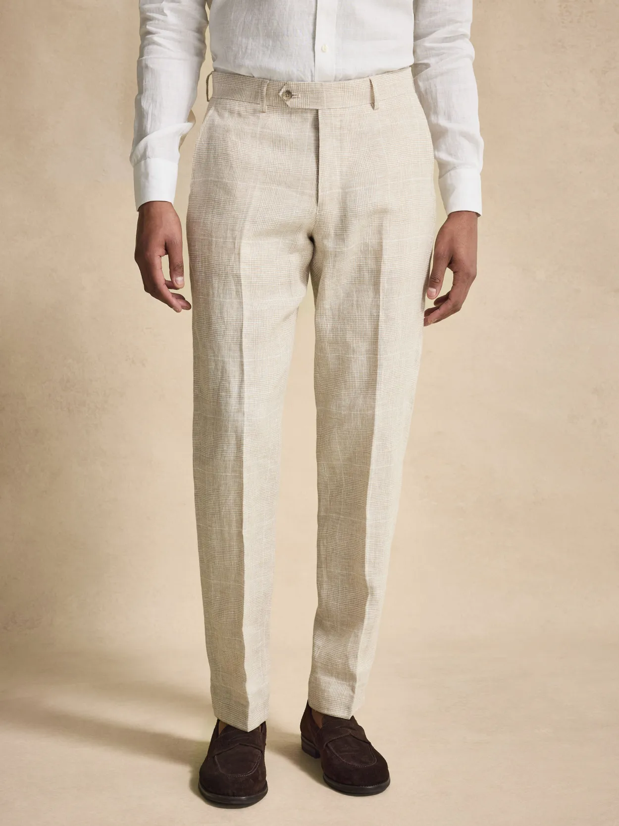 Beige Checked Suit Trousers Linen