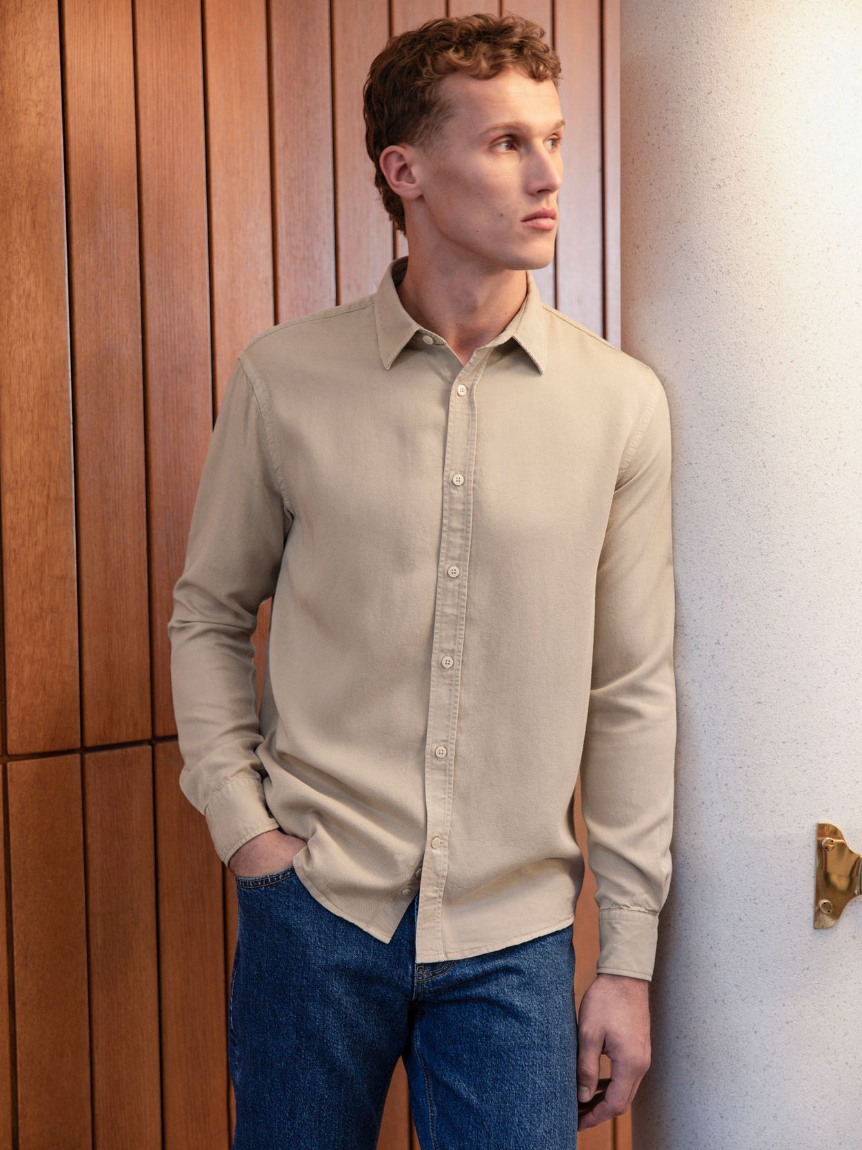 Beige Casual Fit Lyocell Shirt