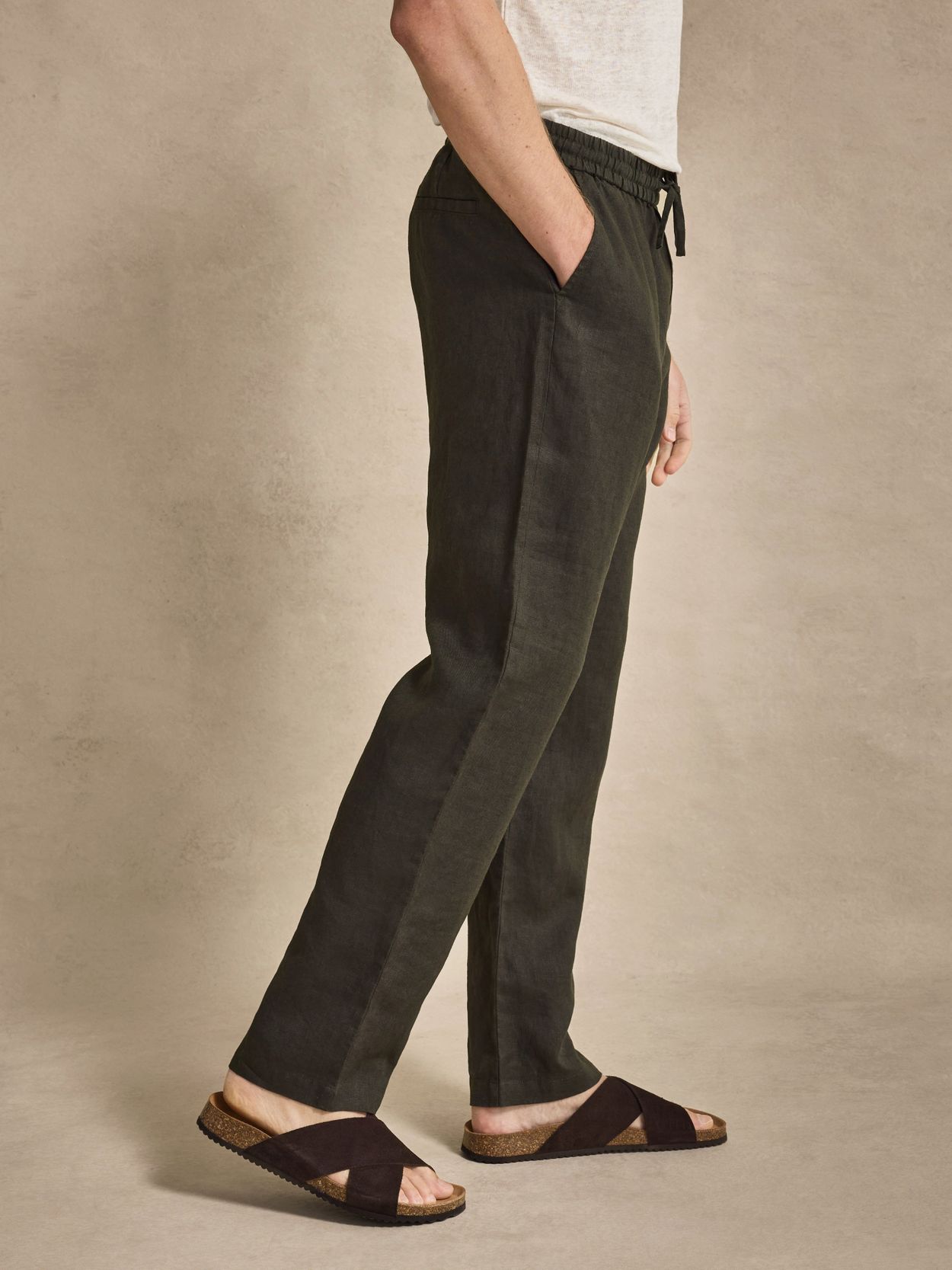 Dark Green Trousers Relaxed Fit - Linen Relaxed Fit - Buy online