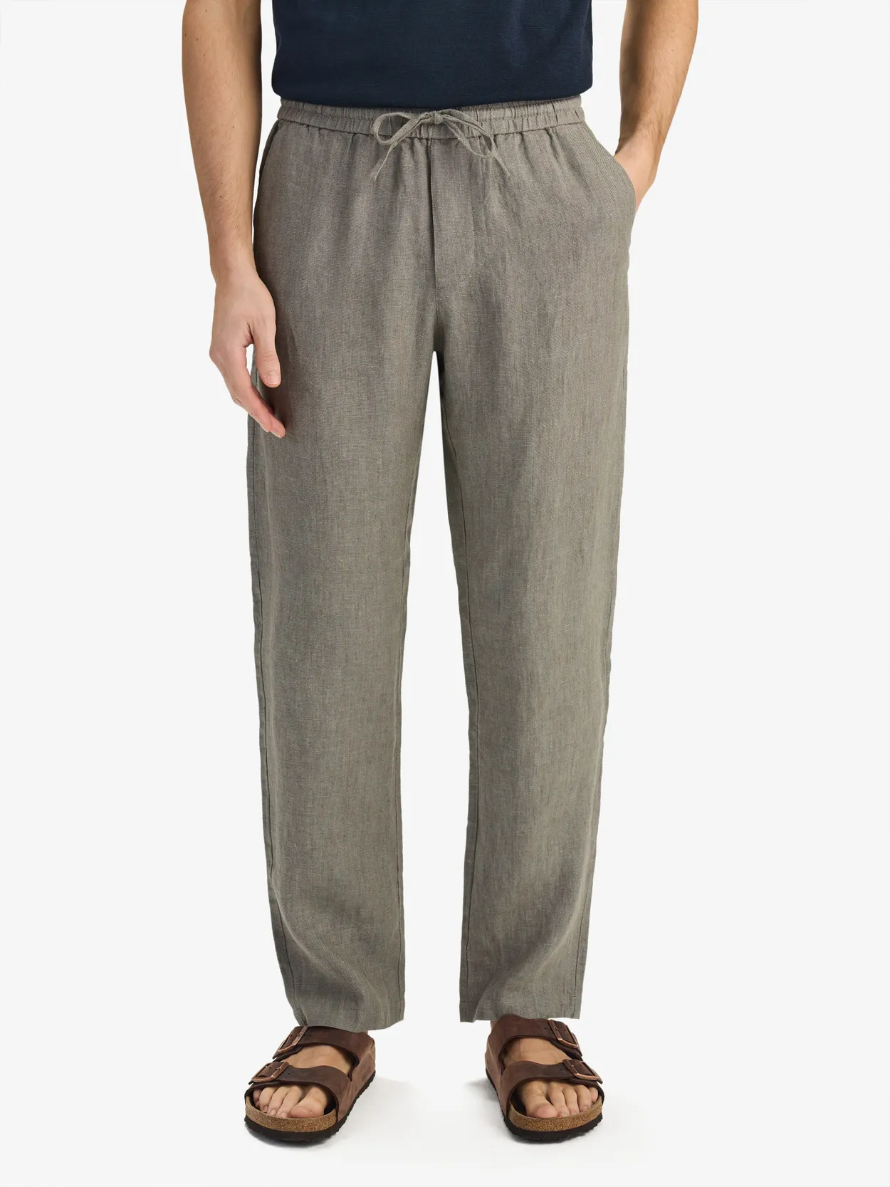 Green Solid Drawstring Trousers Linen