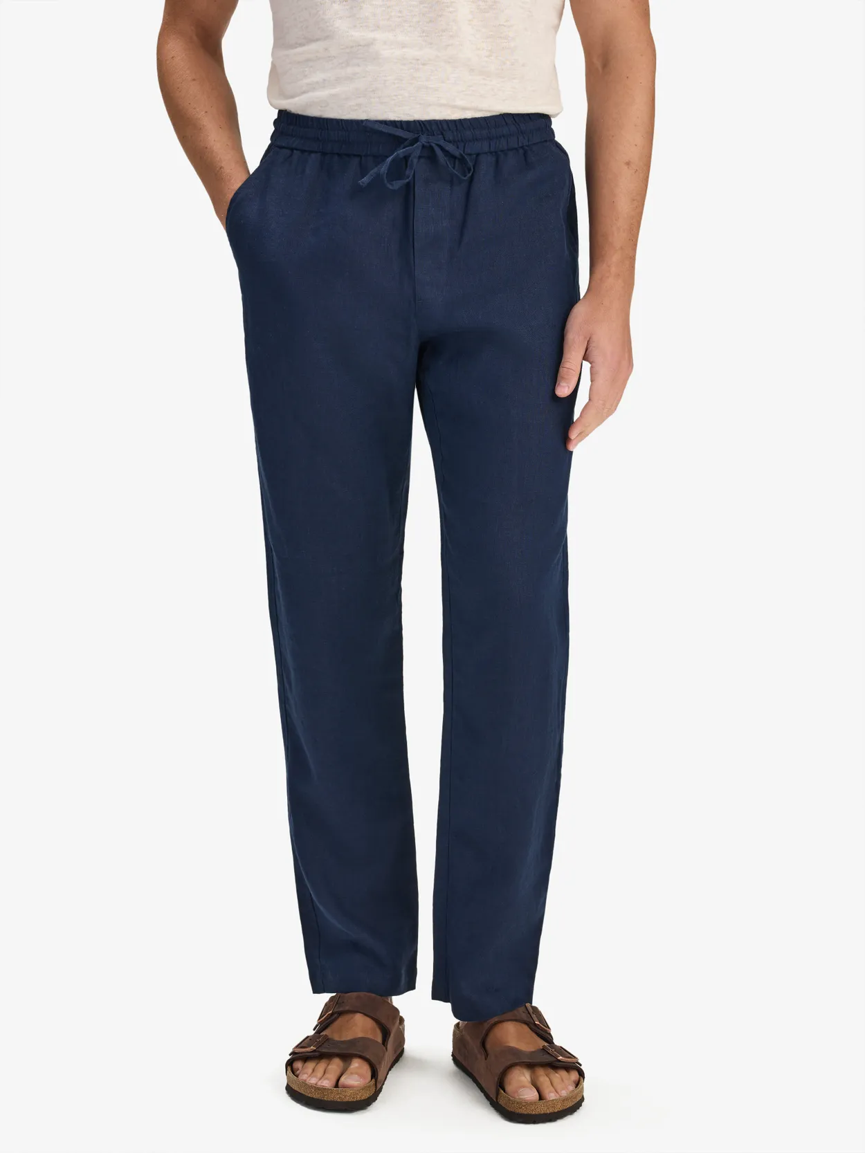 Navy Blue Solid Drawstring Relaxed Fit Trousers Linen