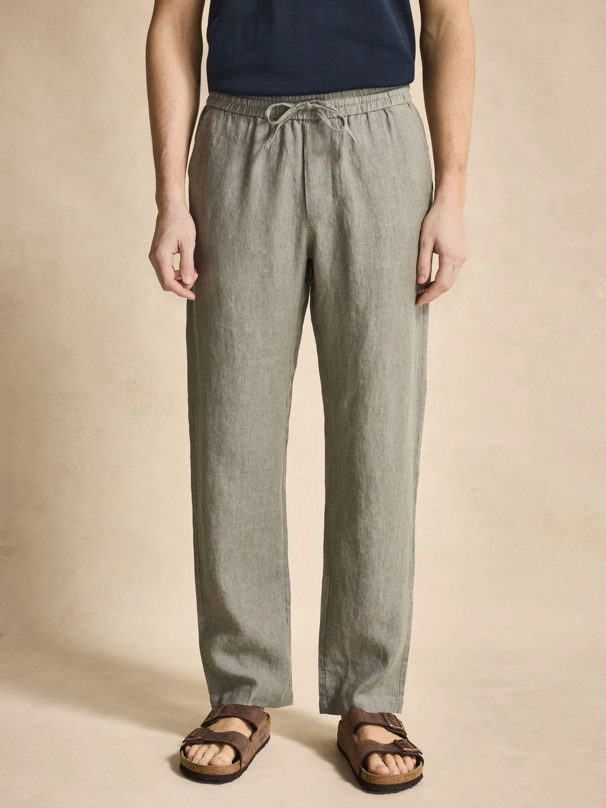 Green Solid Drawstring Relaxed Fit Trousers Linen