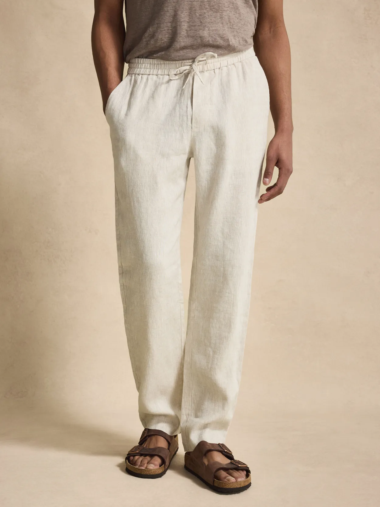 Sand Solid Drawstring Relaxed Fit Trousers Linen