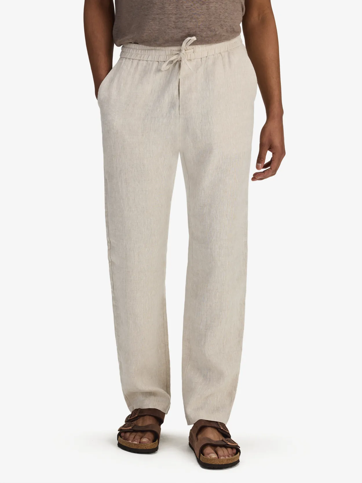 Sand Solid Drawstring Trousers Linen