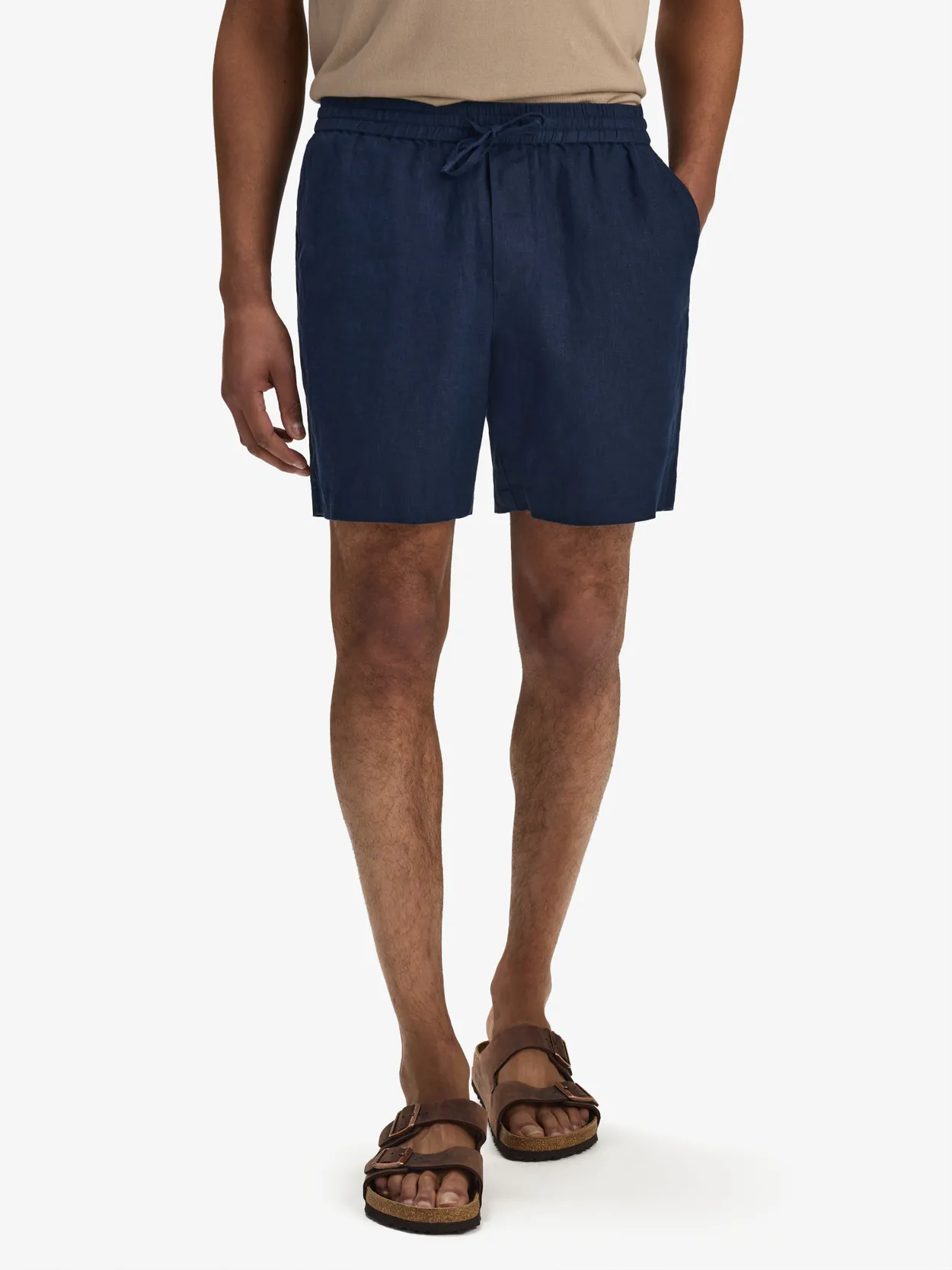 Navy Blue Solid Drawstring Shorts Linen