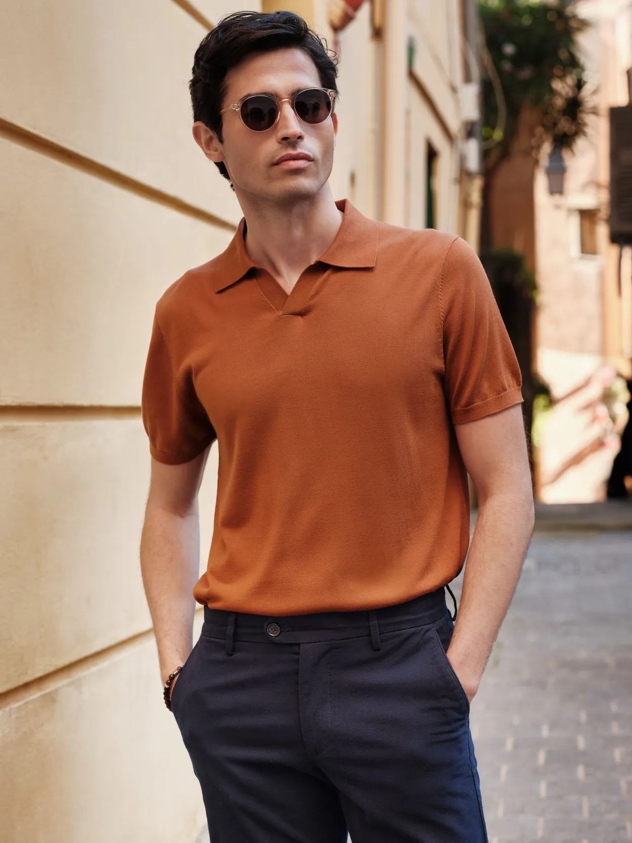 Terracotta Open Collar Polo Lyocell Silk