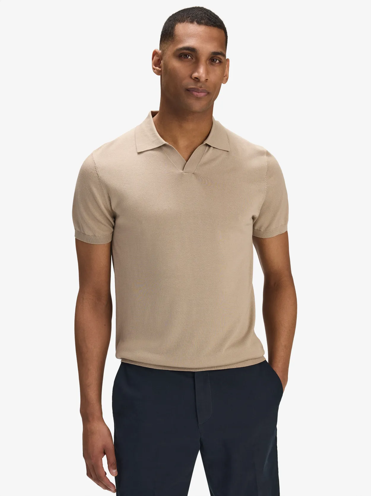 Beige Open Collar Polo Lyocell Silk