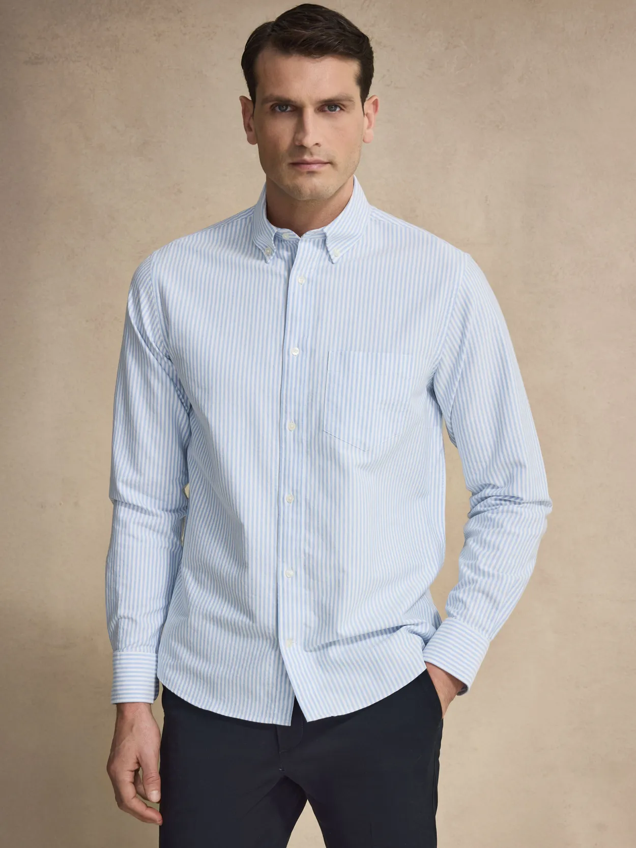 Blue & White Cotton Striped Casual Fit Oxford Shirt