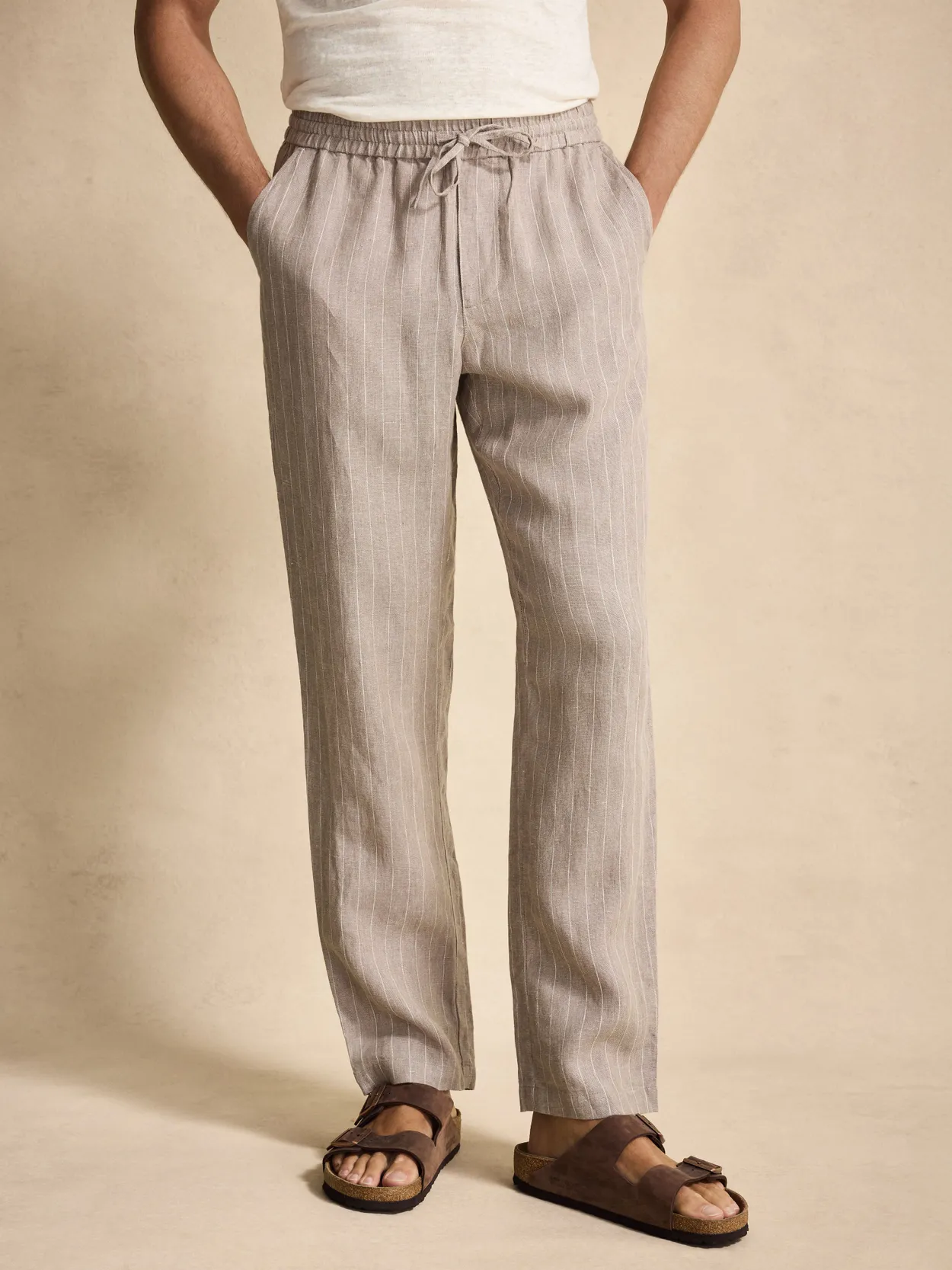 Taupe Pinstriped Drawstring Relaxed Fit Trousers Linen