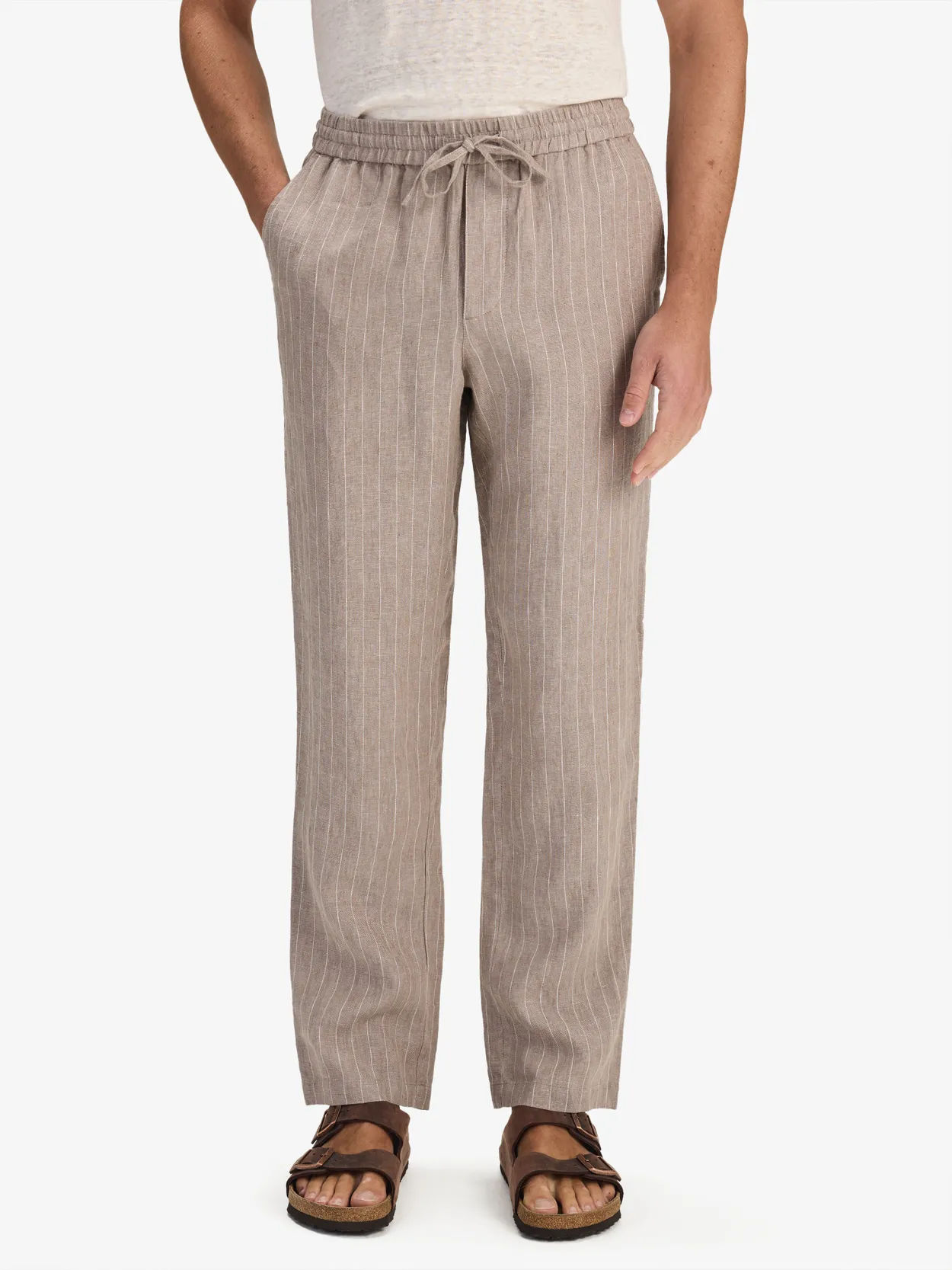 Taupe Pinstriped Drawstring Trousers Linen