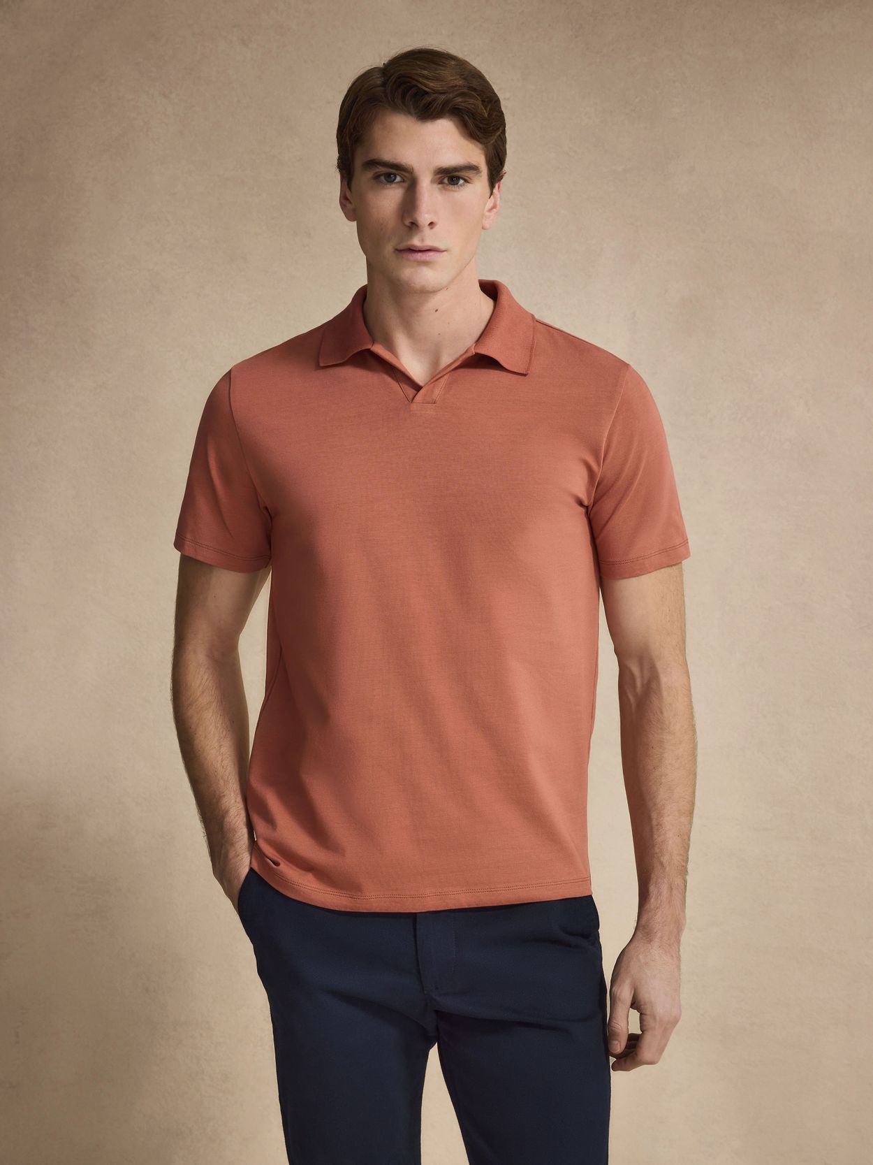 Terracotta Fitted Open Collar Polo Shirt