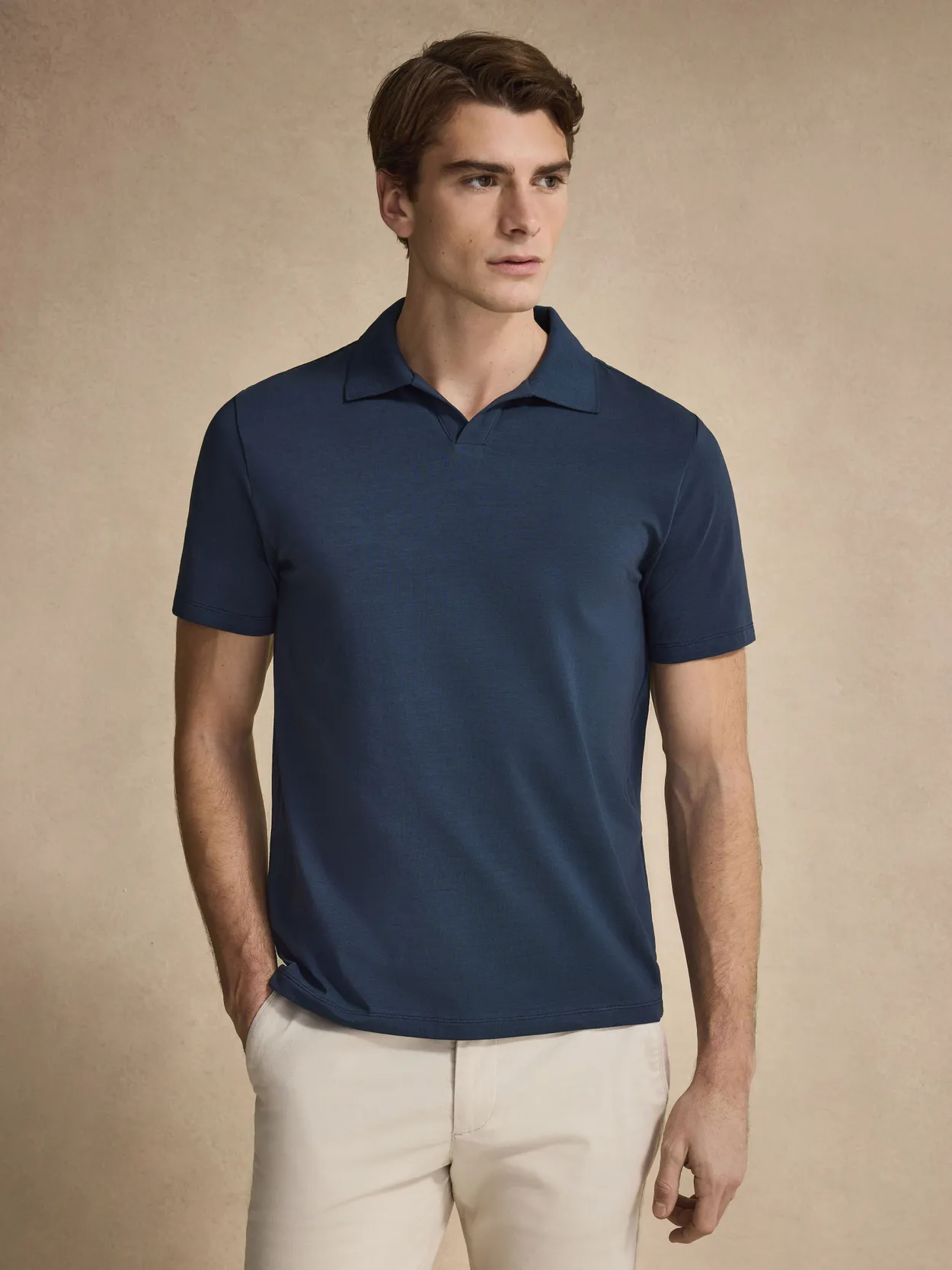 Navy Blue Fitted Open Collar Polo Shirt