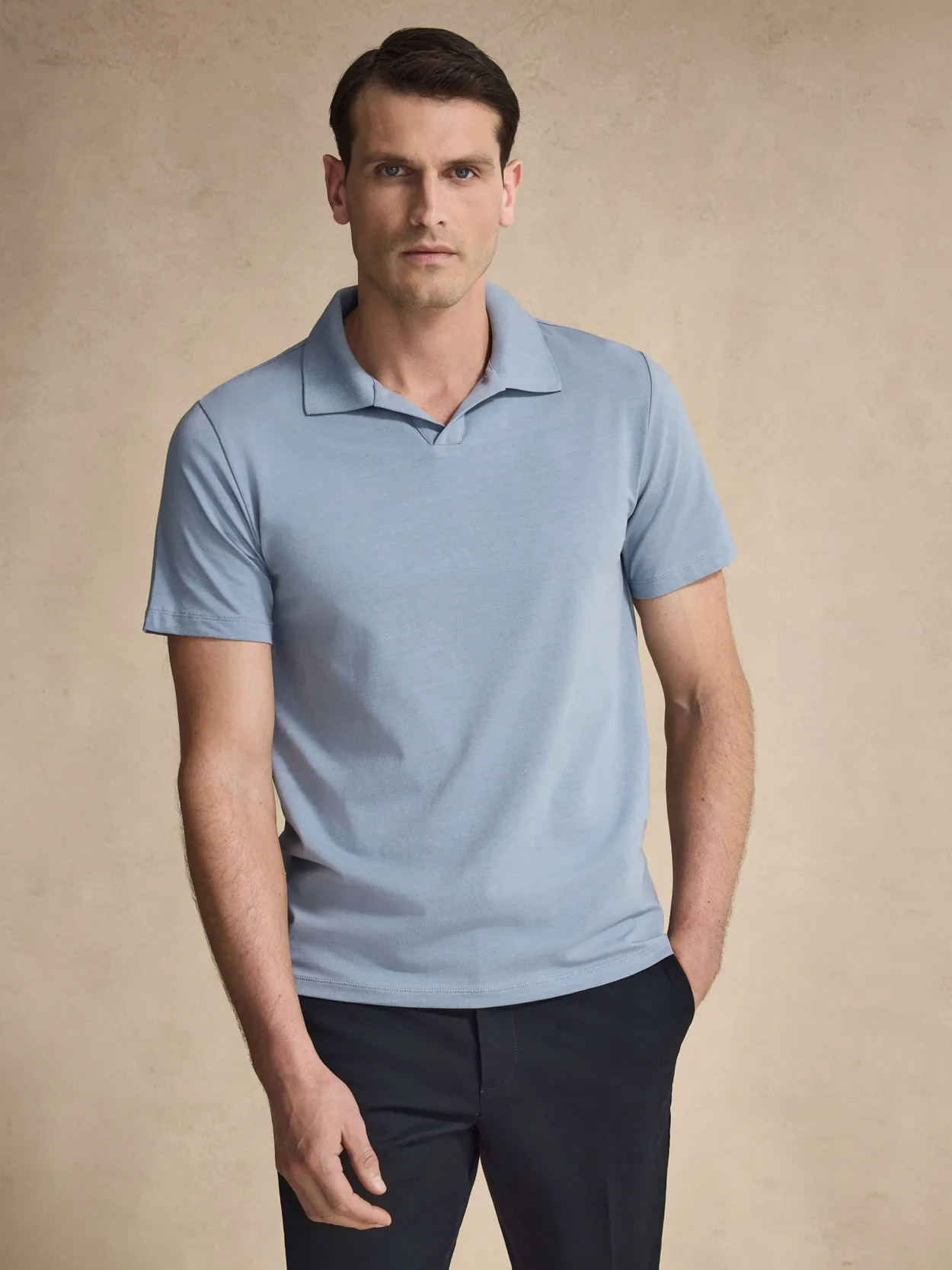 Blue Fitted Open Collar Polo Shirt