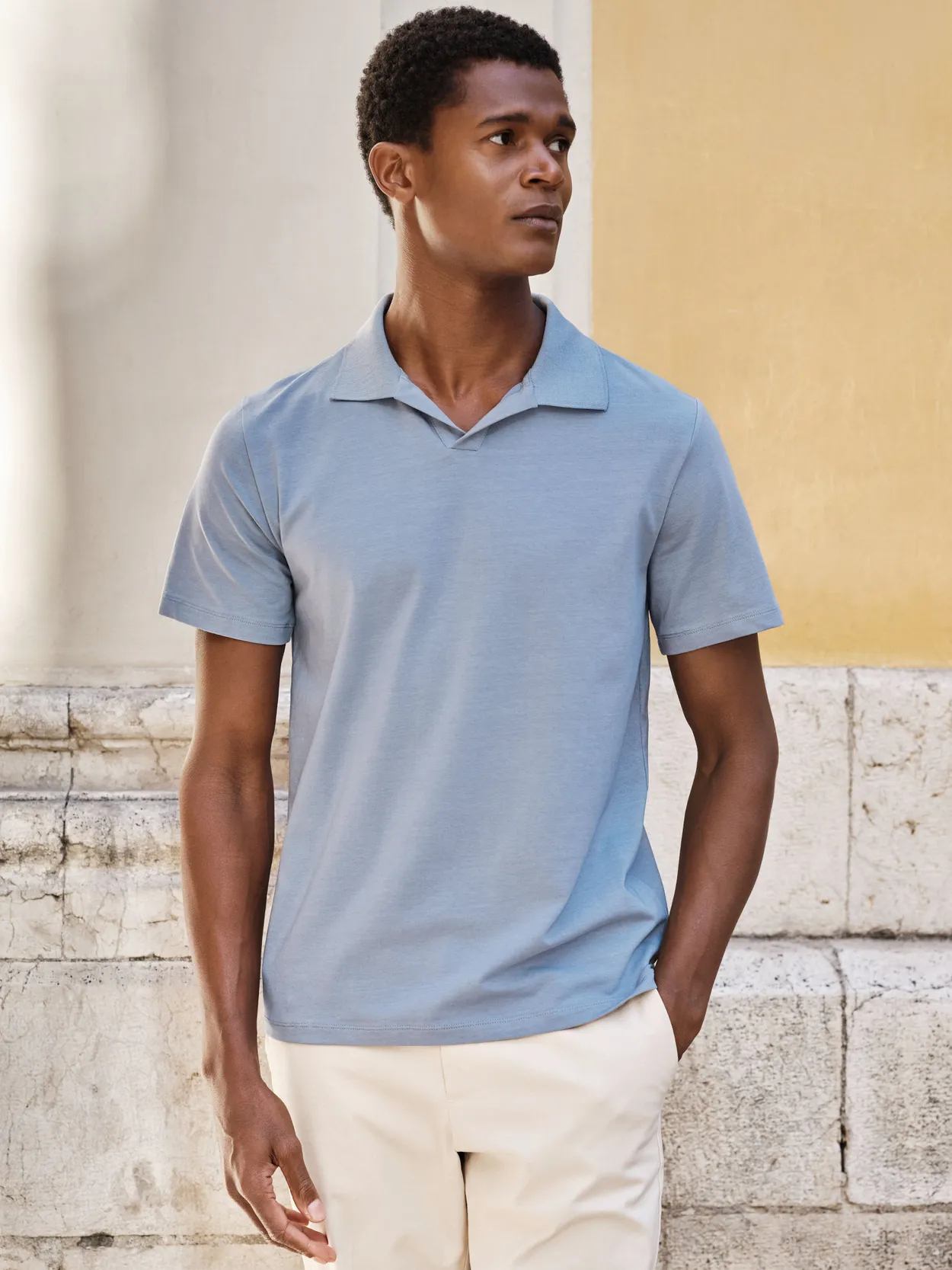 Blue Fitted Open Collar Polo Shirt