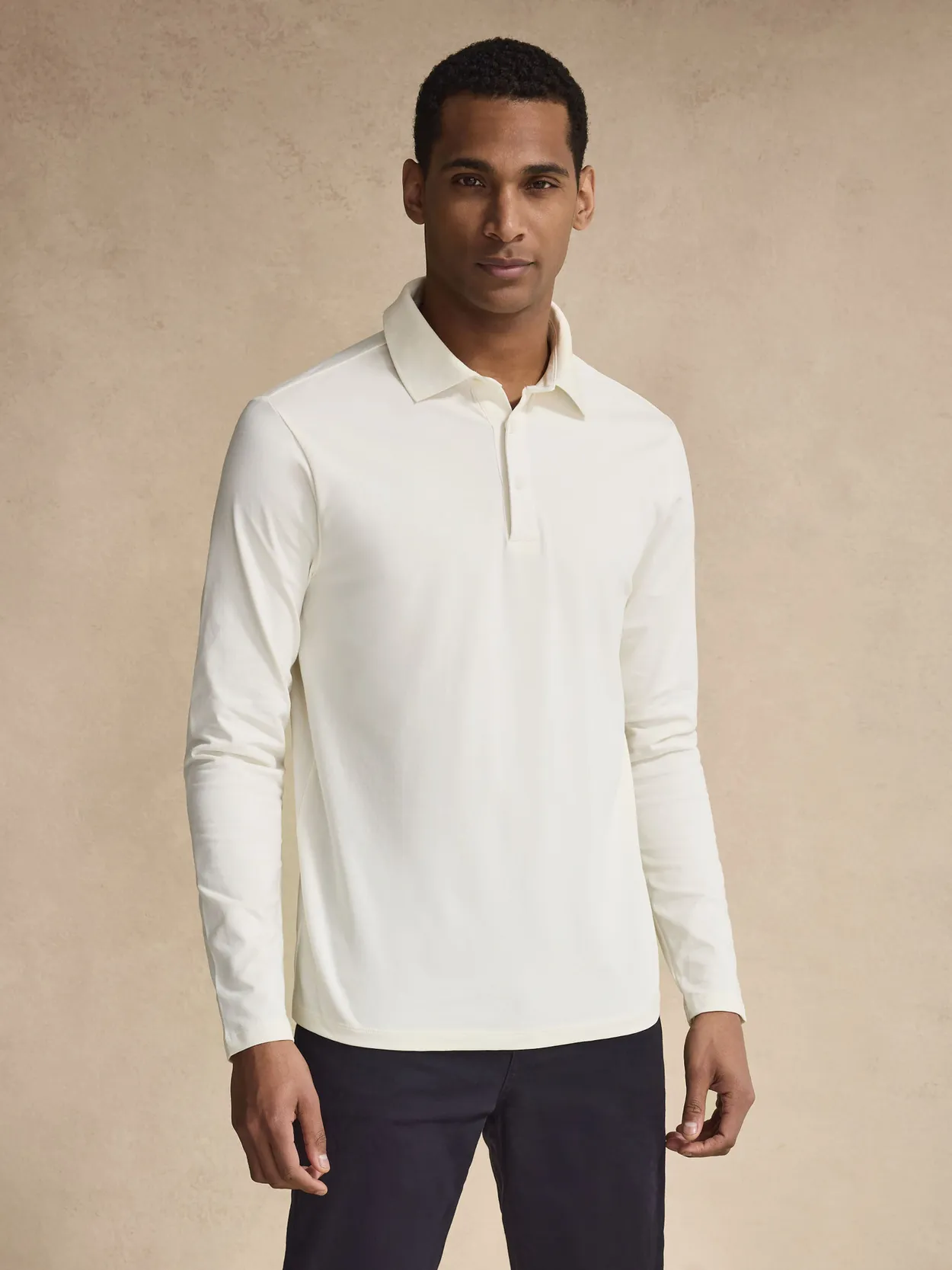 Cream White Fitted Long Sleeve Polo Shirt