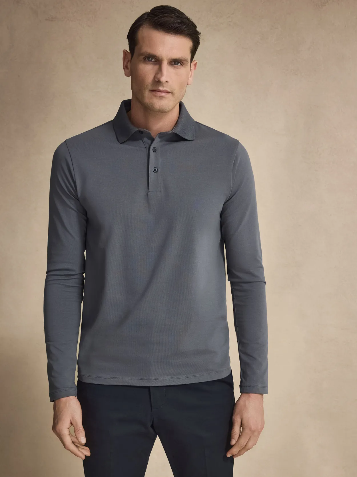 Dark Grey Fitted Long Sleeve Polo Shirt