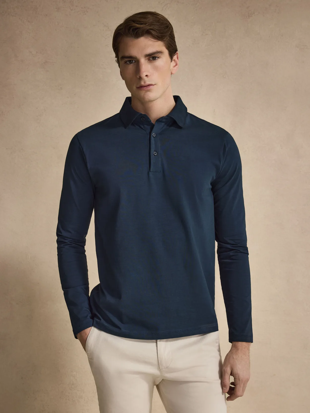 Navy Blue Fitted Long Sleeve Polo Shirt