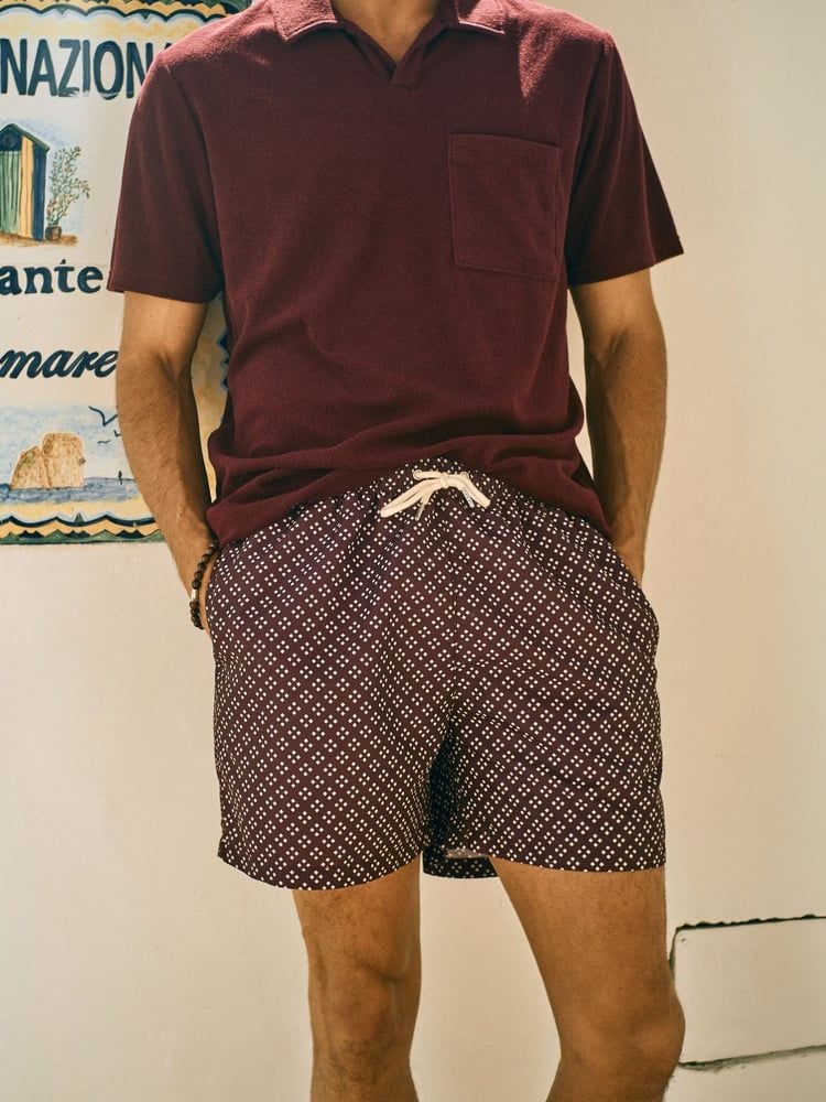 Burgundy Mini Square Printed Swim Shorts